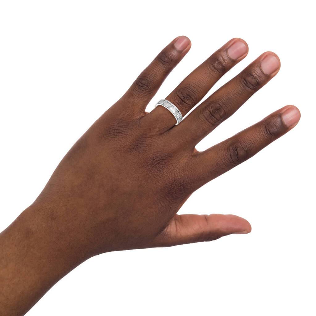 6MM Grey Tungsten Carbide Ring - Serrated Engraved 14K White Gold Insert with Round Edge