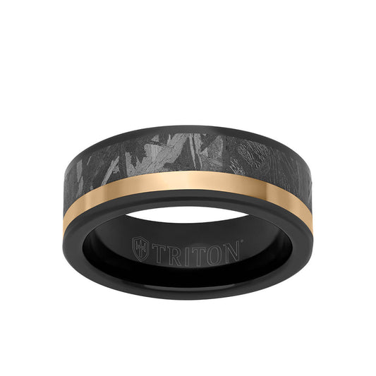 8MM Tungsten Carbide Ring - Meteorite Inlay with Asymmetrical Channel and Flat Edge