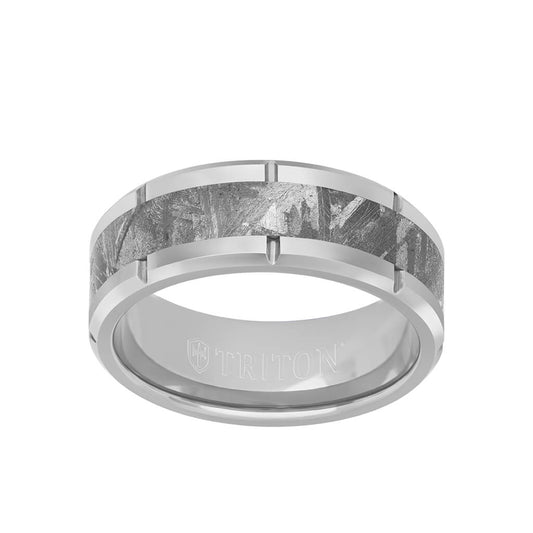 8MM Tungsten Carbide Ring - Meteorite Inlay with Link Edge