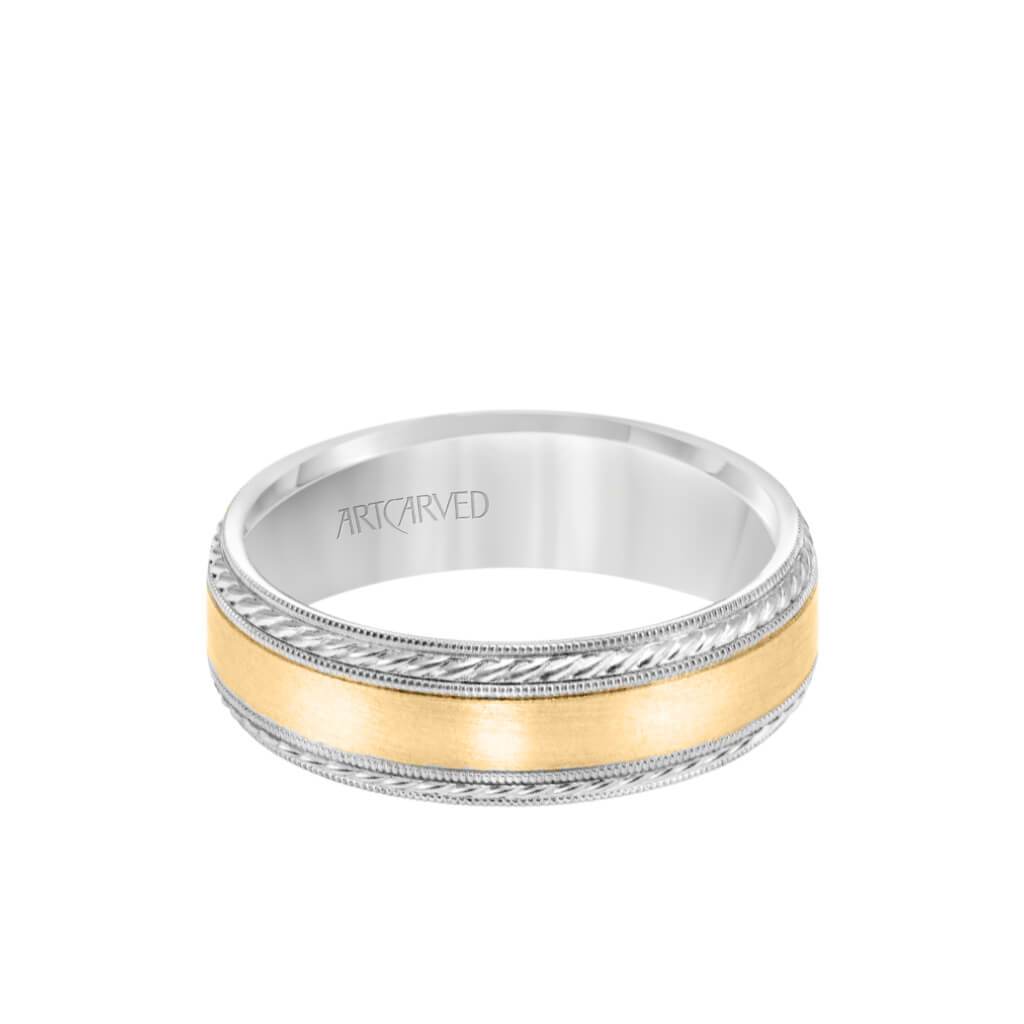 Men’s 6.5mm wedding band with satin center and milgrain borders