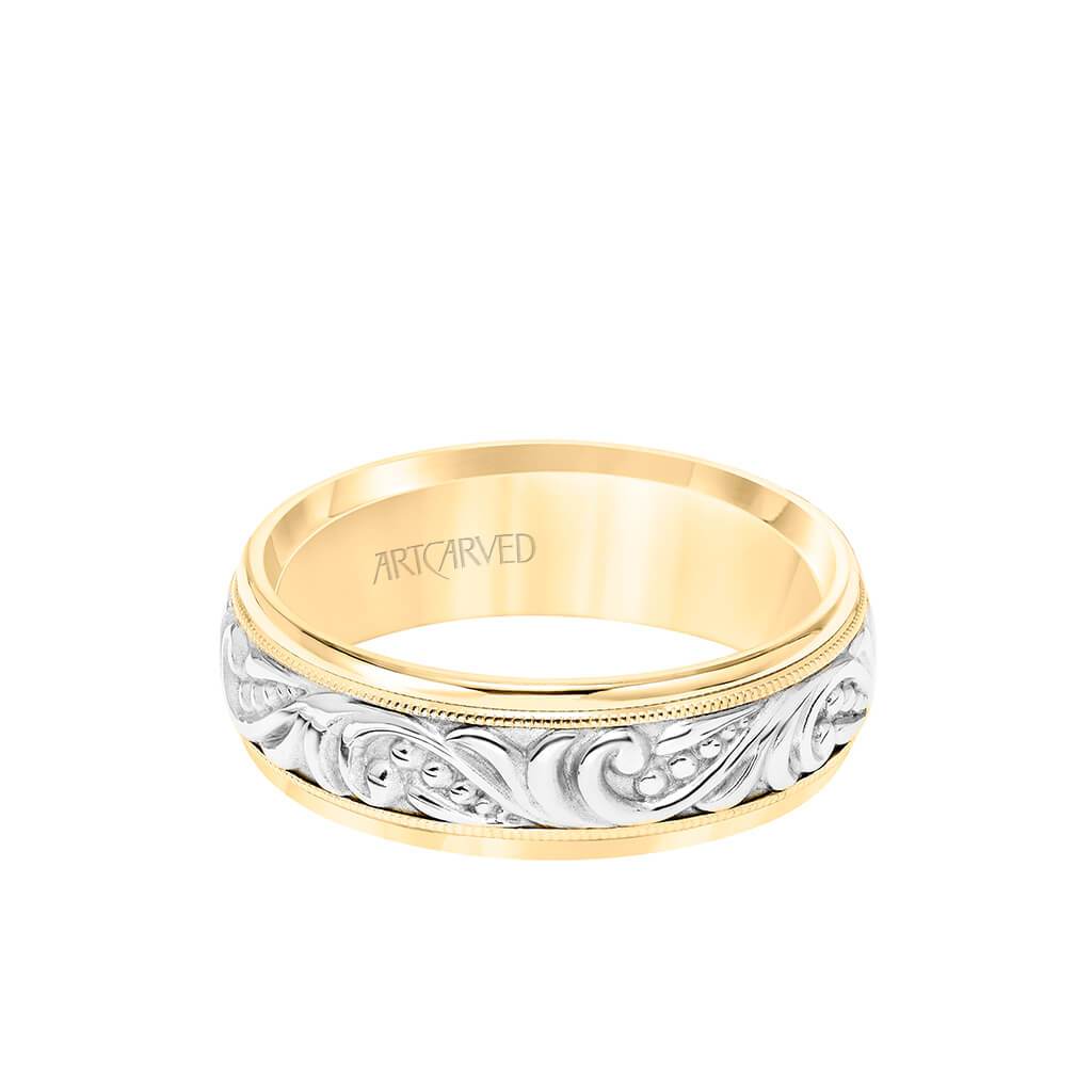 7MM Men's Wedding Band - Engraved Paisley Design with Milgrain Detail and Round Edge