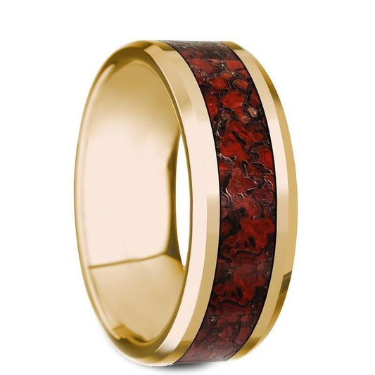 PYRA Beveled Polished 14K Yellow Gold Ring with Red Dinosaur Bone - 8mm
