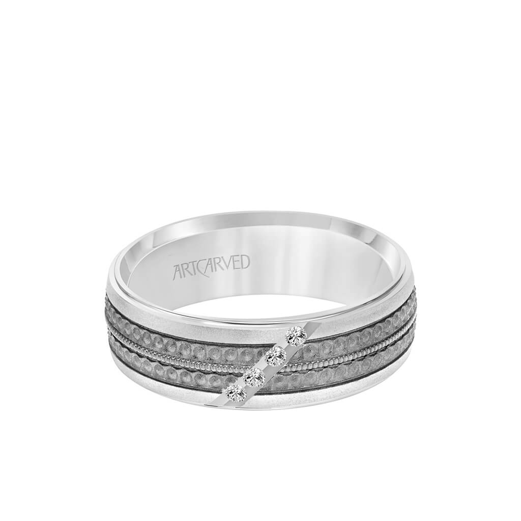 7MM Shades of Grey Collection Four Stone Diamond Wedding Band - Textured Black Rhodium Detail and Flat Edge