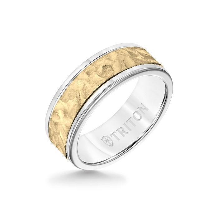 8MM White Tungsten Carbide Ring - Hammered 14K Yellow Gold Insert with Round Edge