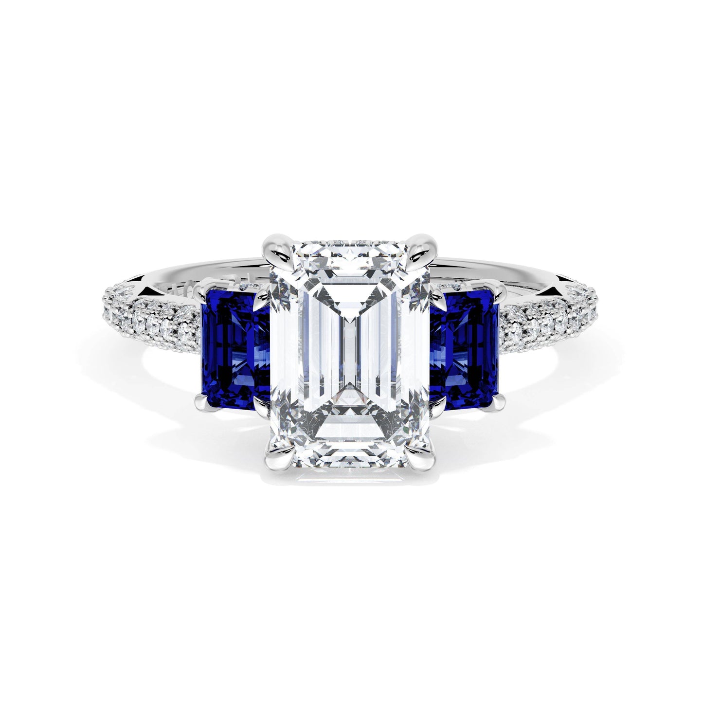 Emerald 3-Stone Engagement Ring in Blue Sapphire