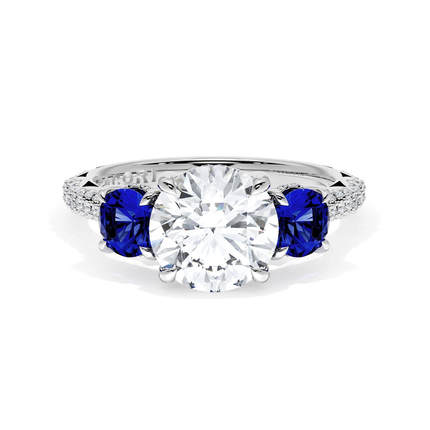 Round 3-Stone Engagement Ring in Blue Sapphire