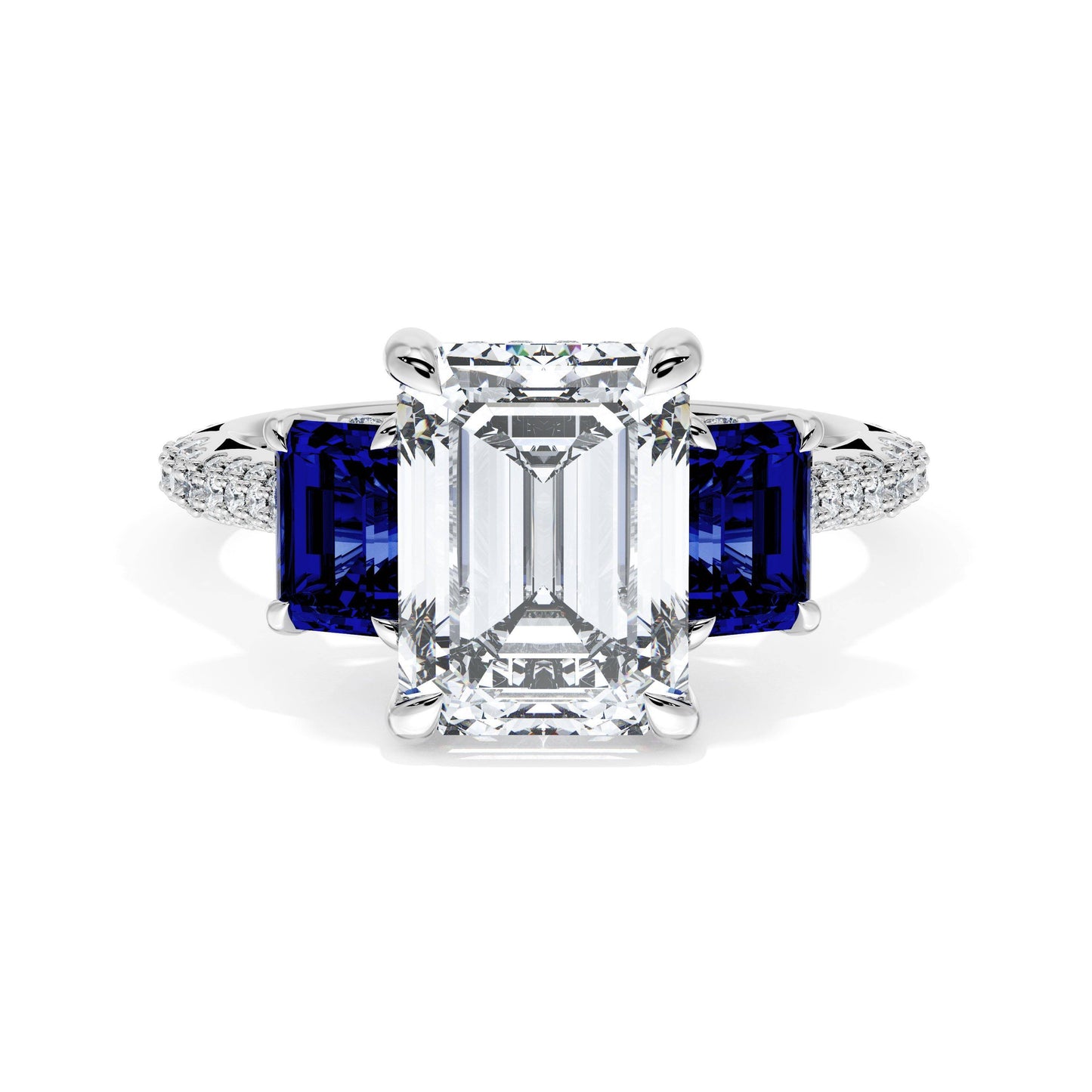 Emerald 3-Stone Engagement Ring in Blue Sapphire