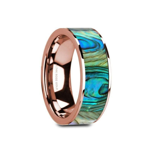 GREDEL Flat 14K Rose Gold Ring with Mother of Pearl Inlay and Polished Edges - 8mm