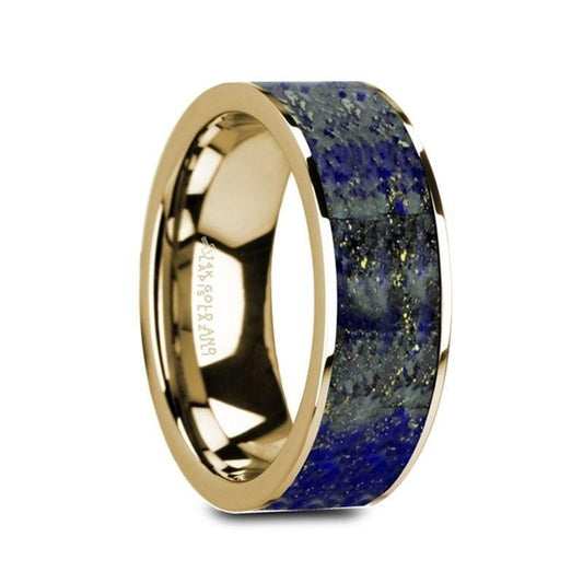 GELASIUS Flat 14K Yellow Gold Ring with Blue Lapis Lazuli Inlay and Polished Edges - 8mm