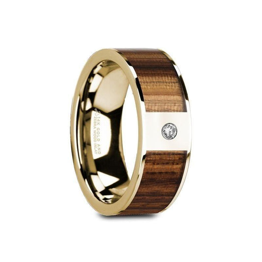 GAEA Flat 14K Yellow Gold Ring with Zebra Wood Inlay & White Diamond Setting - 8mm