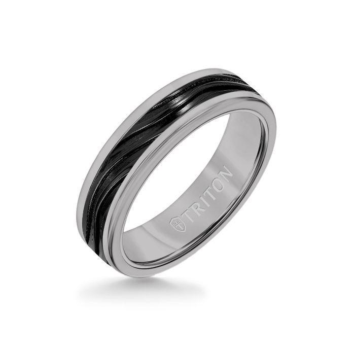 6MM Grey Tungsten Carbide Ring - Wave Black Titanium Insert with Round Edge