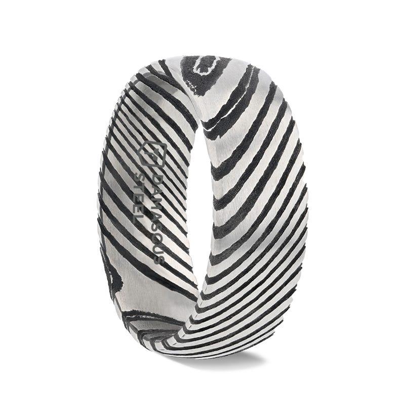 STARK Black Domed Brushed Damascus Steel Men's Wedding Band with Vivid Etched Design- 6mm & 8mm - Thorsten Rings