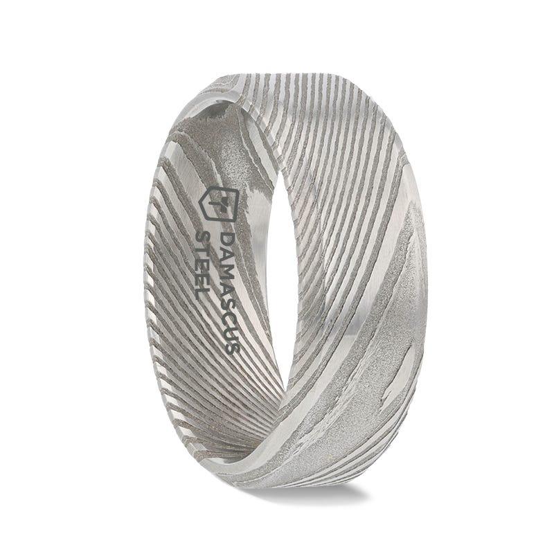GHOST Grey Damascus Steel Brushed Beveled Men's Wedding Band with Repeating Artisan Pattern - 6mm & 8mm - Thorsten Rings
