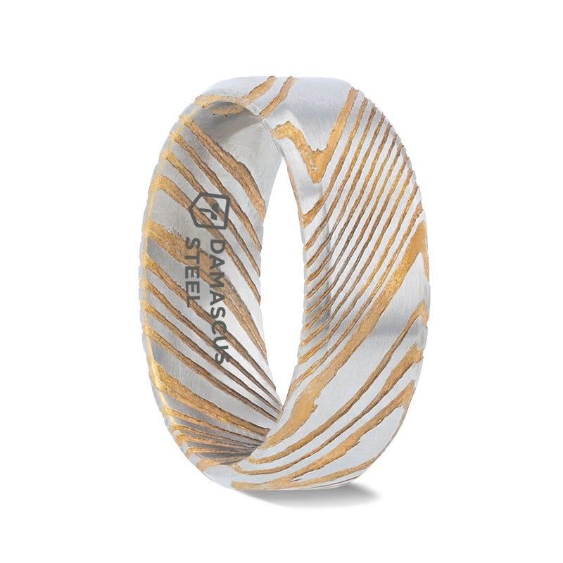 JOFFREY Gold Color Damascus Steel Brushed Beveled Men's Wedding Band with Repeating Artisan Pattern - 6mm & 8mm - Thorsten Rings