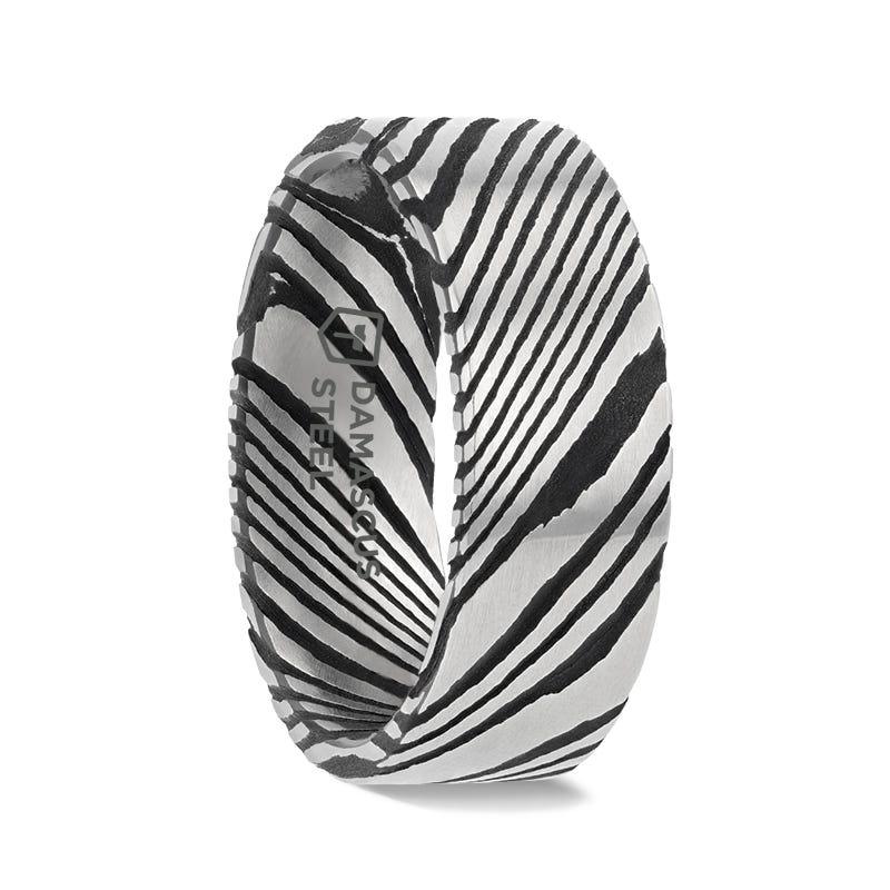 HANZO Black Flat Brushed Damascus Steel Men's Wedding Band with Vivid Etched Design- 6mm & 8mm - Thorsten Rings