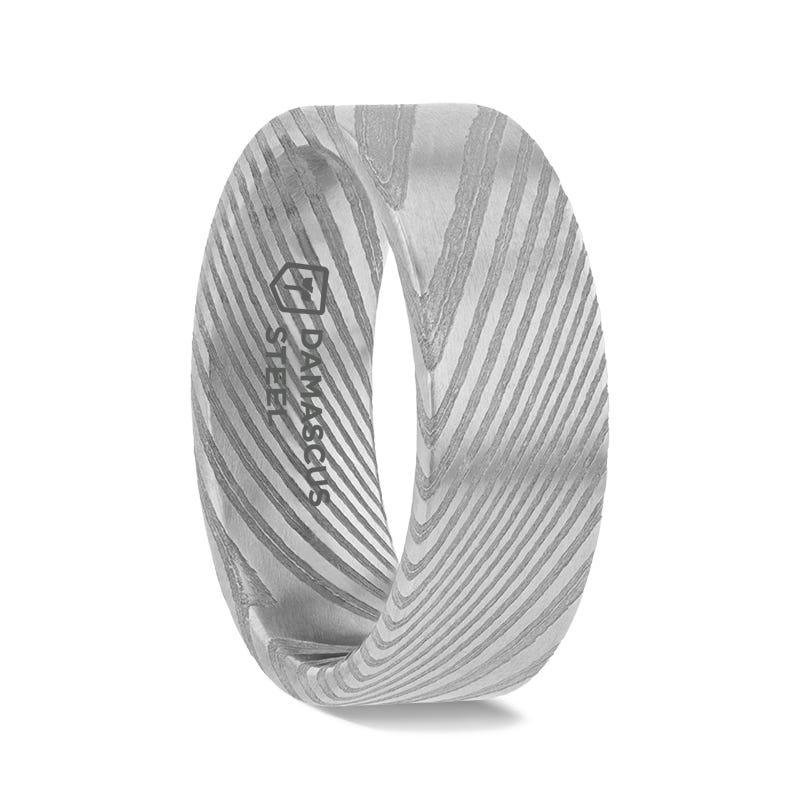 XANDER Grey Flat Brushed Damascus Steel Men's Wedding Band with Vivid Etched Design - 6mm & 8mm - Thorsten Rings