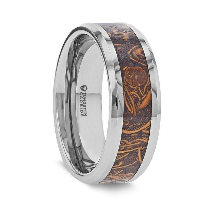 ABBA Men's Polished Tungsten Wedding Band with Sanskrit Stone Inlay Polished Beveled Edges - 8mm - Thorsten Rings
