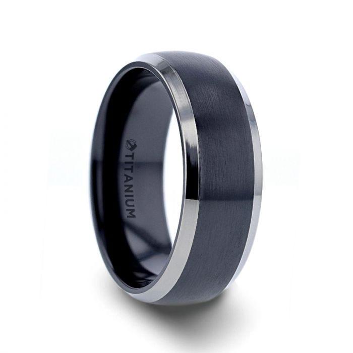 NOLAN Brushed Domed Black Titanium Wedding Band with Polished Beveled Edges - 8mm - Thorsten Rings