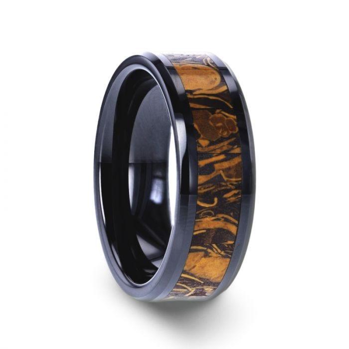 SAHARA Men's Black Ceramic Wedding Band with Sanskrit Stone Inlay & Polished Beveled Edges - 8mm - Thorsten Rings