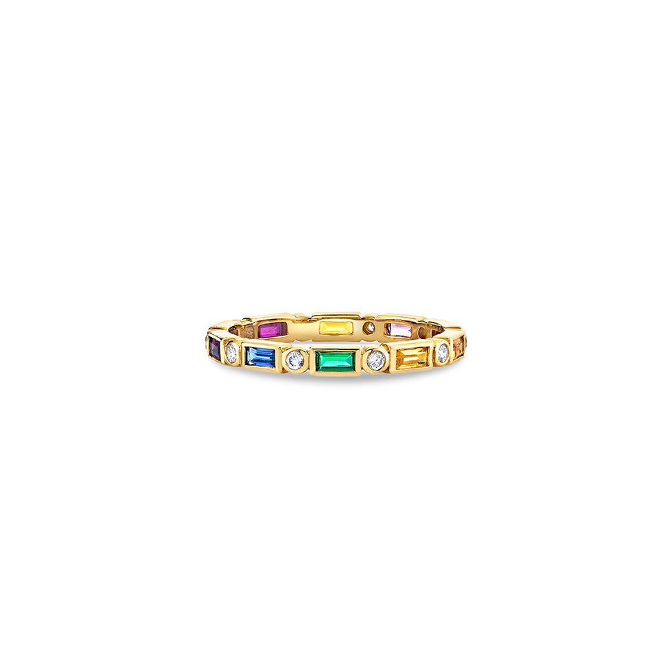 Gold & Rainbow Baguette and Bezel Eternity Ring