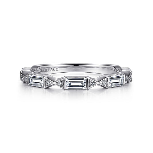 14K White Gold Channel Set Baguette and Round Diamond Anniversary Band