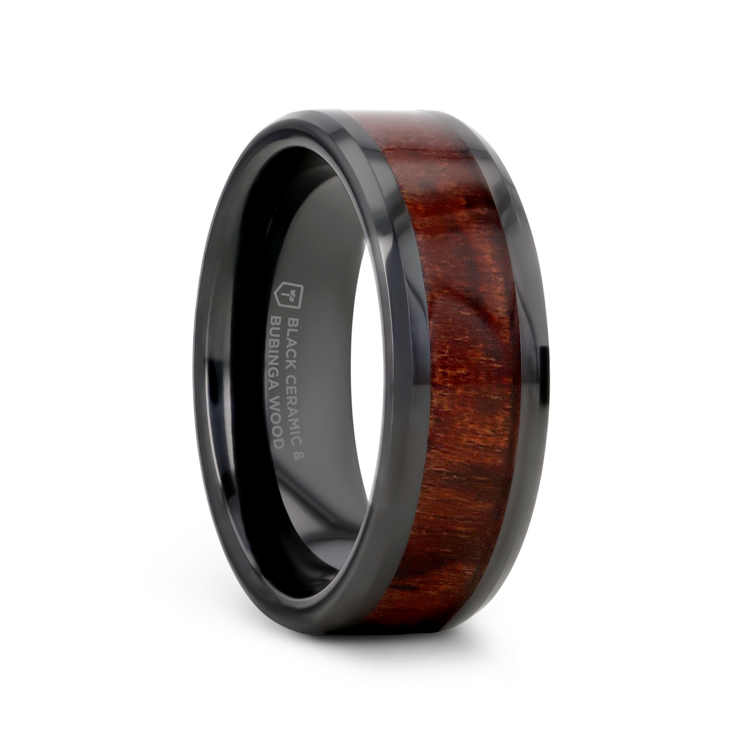 BENNY Black Ceramic Polished Beveled Edges Men's Wedding Band with Bubinga Wood Inlay - 8mm