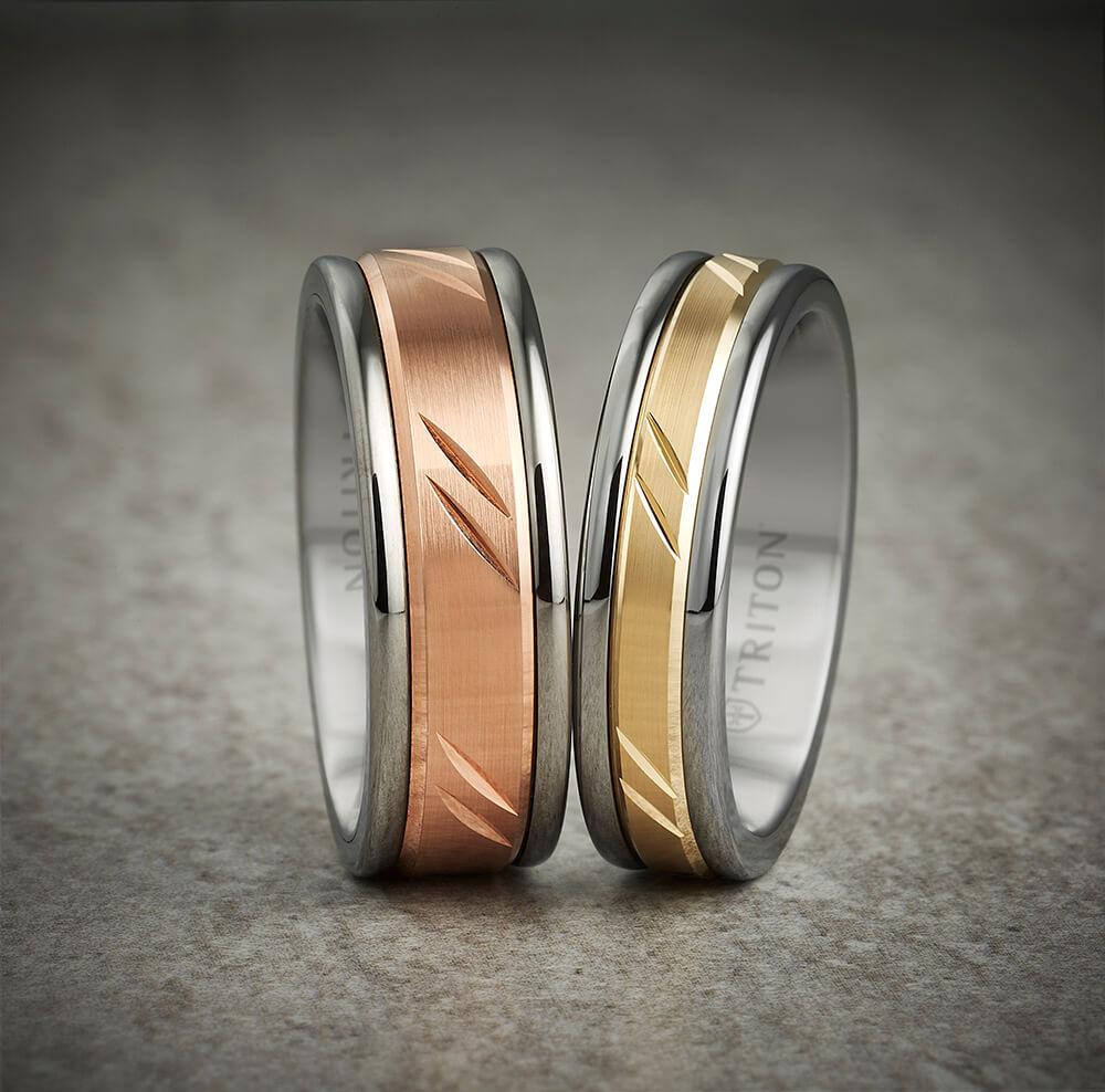 8MM Grey Tungsten Carbide Ring - Bevel Diagonal Cut 14K White Gold Insert with Round Edge