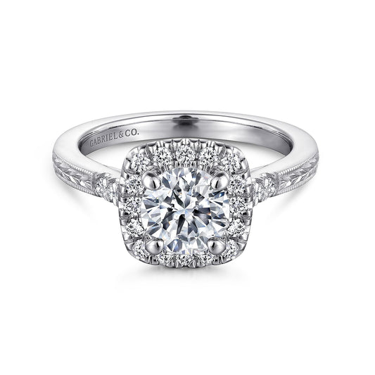 Vintage Inspired 14K White Gold Round Halo Diamond Engagement Ring