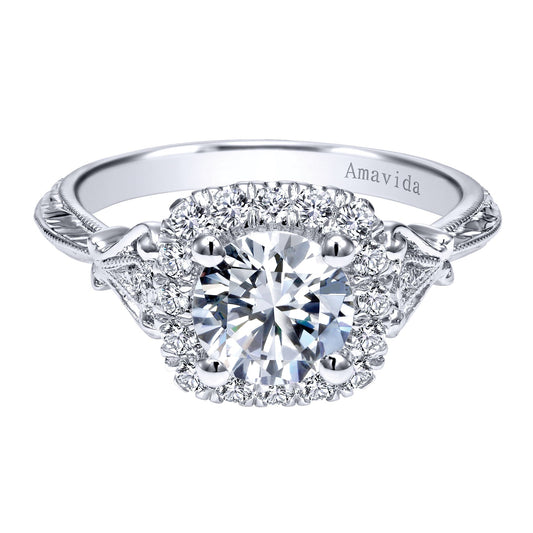 Vintage Inspired 18K White Gold Round Halo Diamond Engagement Ring