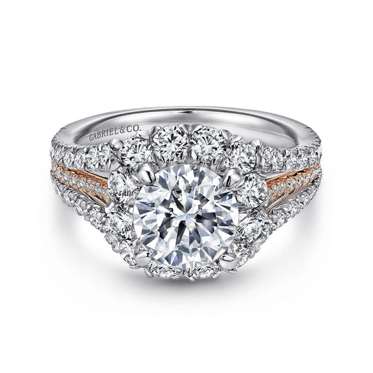 18K White-Rose Gold Round Halo Diamond Engagement Ring