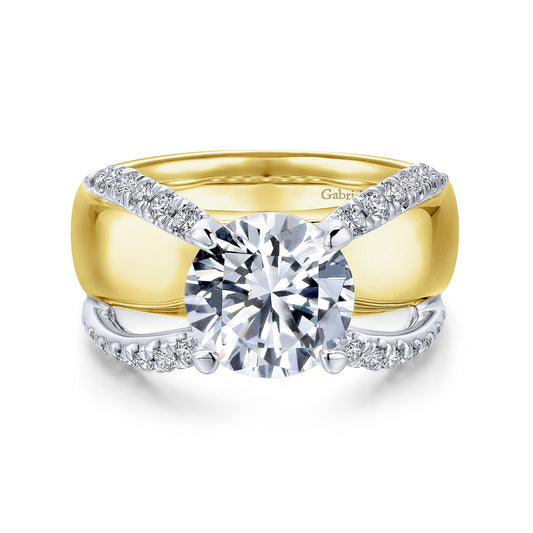 18K White-Yellow Gold Round Diamond Wide Shank Engagement Ring