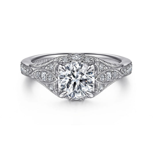 Unique 14K White Gold Vintage Inspired Diamond Halo Engagement Ring