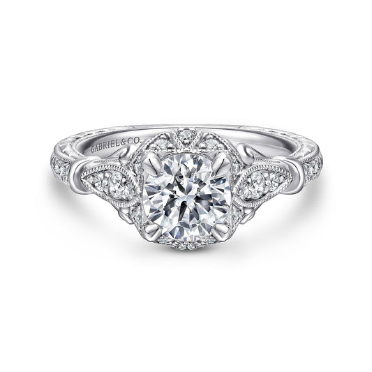 Unique 14K White Gold Vintage Inspired Halo Diamond Engagement Ring