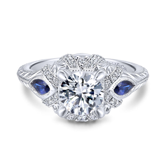18K White Gold Round Sapphire and Diamond Engagement Ring