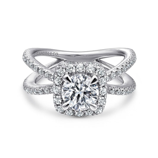 14K White Gold Cushion Halo Round Diamond Engagement Ring