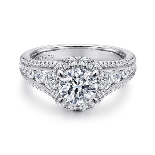 14K White Gold Round Halo Diamond Channel Set Engagement Ring