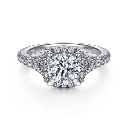 14K White Gold Cushion Halo Round Diamond Engagement Ring