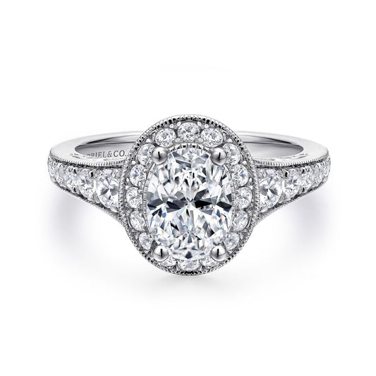 Vintage Inspired 14K White Gold Oval Halo Diamond Engagement Ring