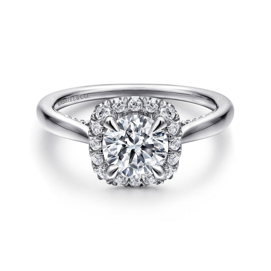 14K White Gold Cushion Halo Round Diamond Engagement Ring