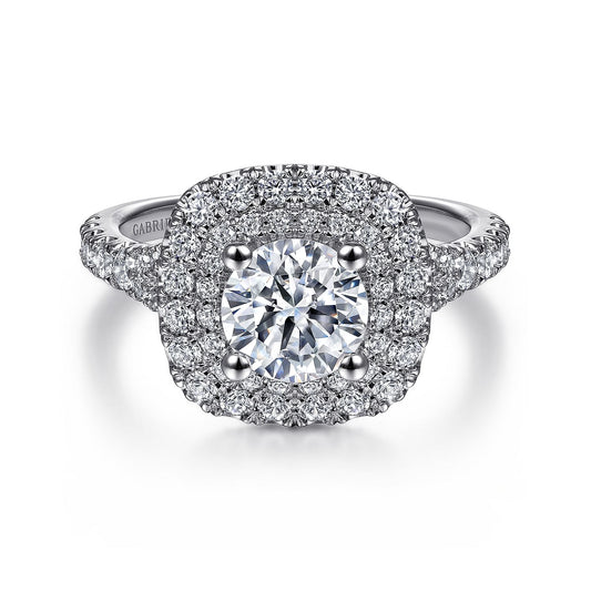 14K White Gold Cushion Double Halo Round Diamond Engagement Ring
