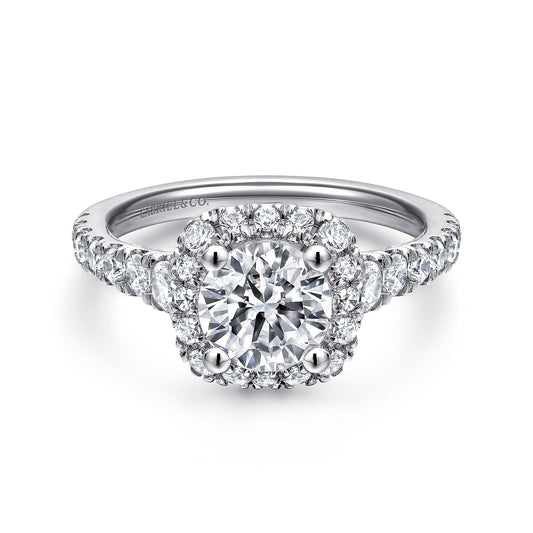 14K White Gold Cushion Halo Round Diamond Engagement Ring