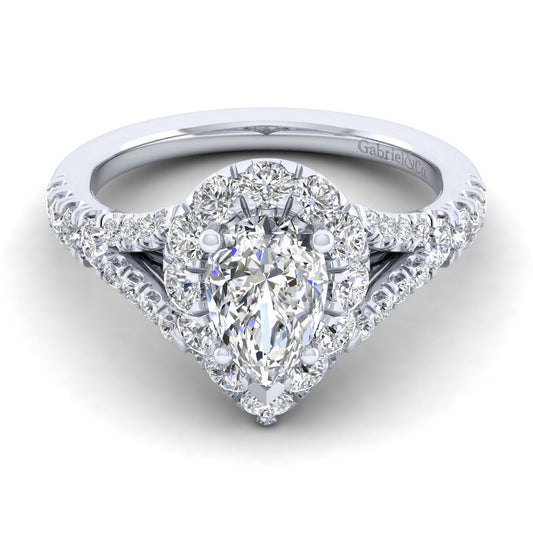 14K White Gold Pear Shape Halo Diamond Engagement Ring