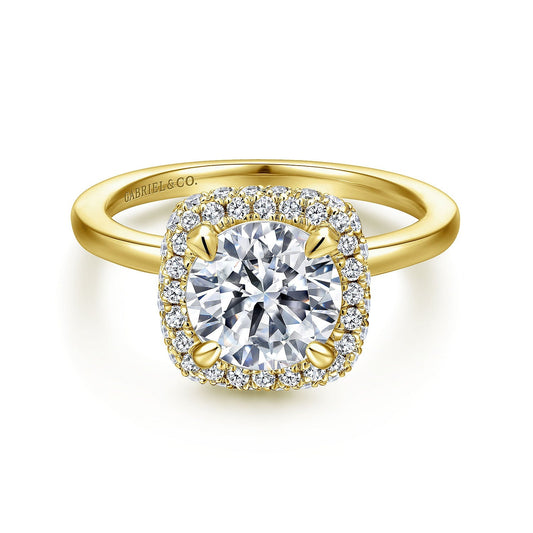 18K Yellow Gold Cushion Halo Round Diamond Engagement Ring