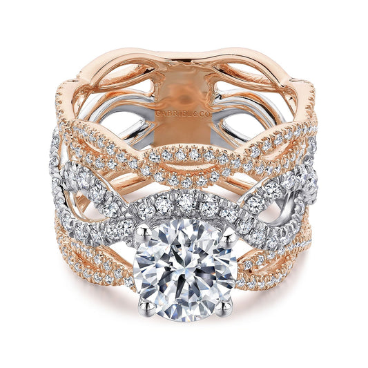 14K White-Rose Gold Round Twisted Diamond Engagement Ring