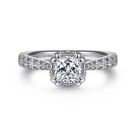 14K White Gold Hidden Halo Cushion Cut Diamond Engagement Ring