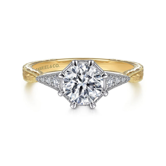 Vintage Inspired 14K White-Yellow Gold Round Diamond Channel Set Engagement Ring