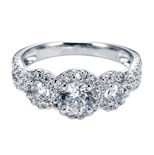 Platinum Round Three Stone Halo Diamond Engagement Ring