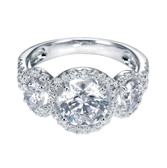 Platinum Round Three Stone Halo Diamond Engagement Ring