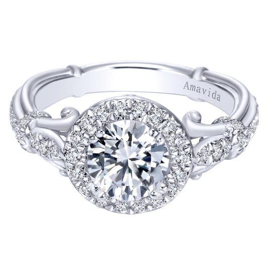 Art Deco 18K White Gold Round Halo Diamond Engagement Ring