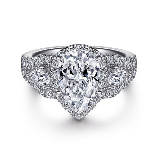 14K White Gold Pear Shape Three Stone Halo Diamond Engagement Ring